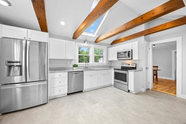Interior, Kitchen, Recessed Lighting, Stainless Steel Appliances, Wooden Beams, Wood Texture Flooring