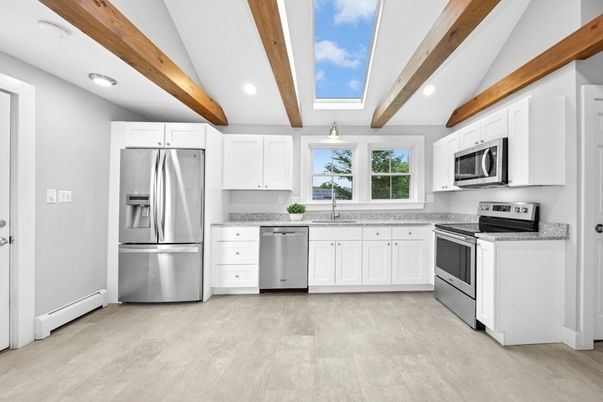 Interior, Kitchen, Recessed Lighting, Stainless Steel Appliances, Wooden Beams, Wood Texture Flooring