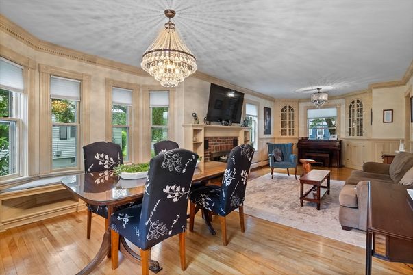Chandelier, Dining room, Fireplace, Interior, Living room, Piano, Wood Texture Flooring