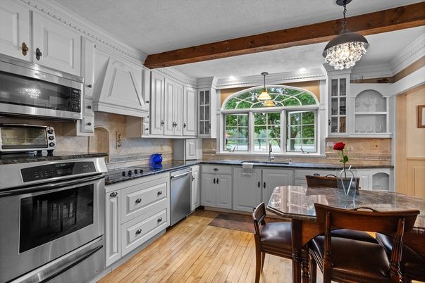 Interior, Kitchen, Pendant Lights, Stainless Steel Appliances, Wooden Beams, Wood Texture Flooring
