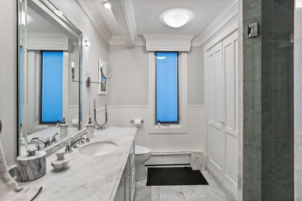 Bathroom, Dual Sink Vanities, Glass Shower, Interior, Marble, Recessed Lighting
