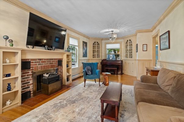 Chandelier, Fireplace, Interior, Living room, Piano, Wood Texture Flooring