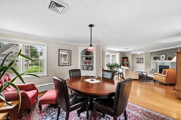 Dining room, Fireplace, Interior, Living room, Pendant Lights, Wood Texture Flooring