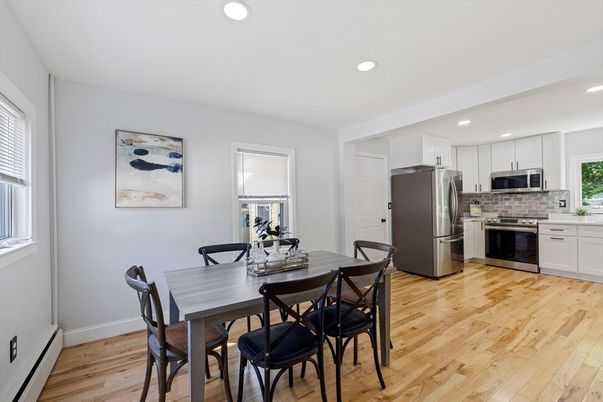 Dining room, Interior, Kitchen, Recessed Lighting, Stainless Steel Appliances, Wood Texture Flooring