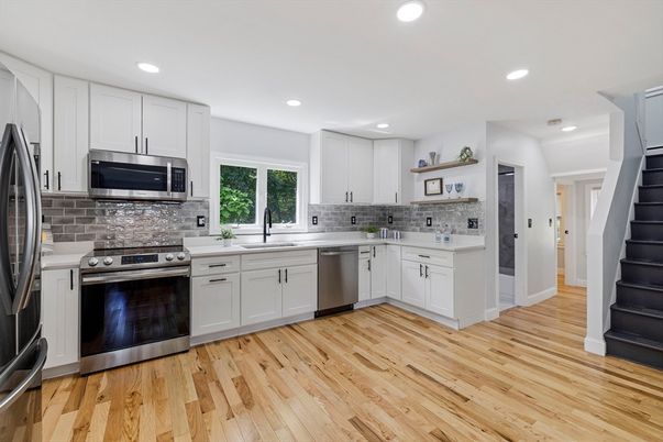 Interior, Kitchen, Recessed Lighting, Stainless Steel Appliances, Wood Texture Flooring