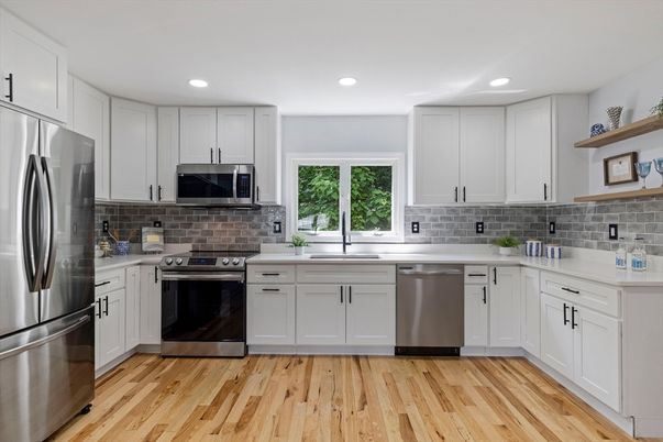 Interior, Kitchen, Recessed Lighting, Stainless Steel Appliances, Wood Texture Flooring