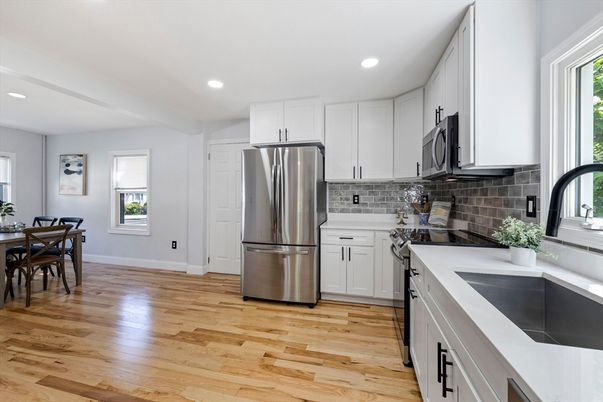Dining room, Interior, Kitchen, Recessed Lighting, Stainless Steel Appliances, Wood Texture Flooring