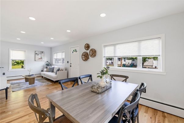 Dining room, Interior, Living room, Recessed Lighting, Wood Texture Flooring