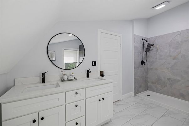Bathroom, Dual Sink Vanities, Interior, Marble, Marble Walls, Recessed Lighting