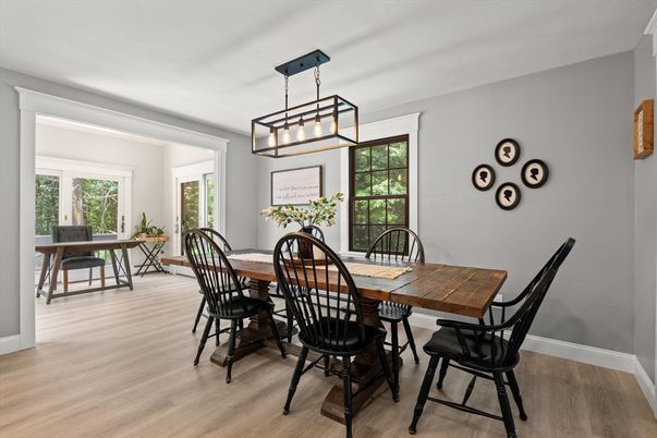 Dining room, Interior, Pendant Lights, Wood Texture Flooring
