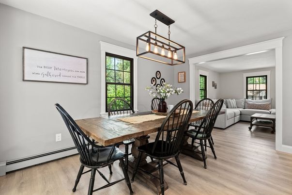 Dining room, Interior, Pendant Lights, Wood Texture Flooring