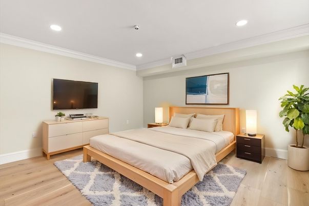 Bedroom, Interior, Recessed Lighting, Wood Texture Flooring