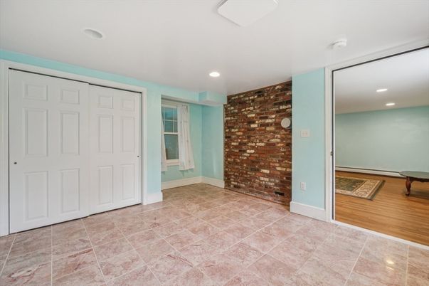 Empty room, Interior, Recessed Lighting, Stone Walls, Wood Texture Flooring