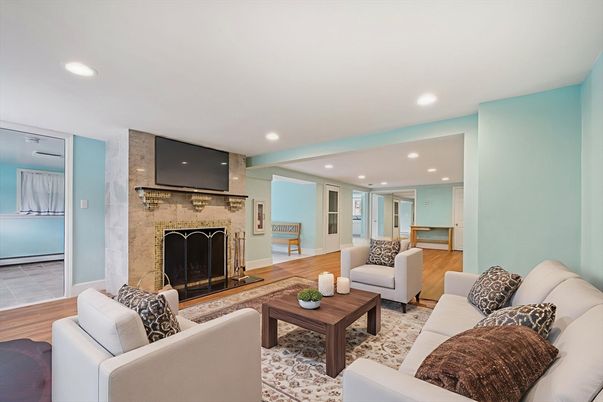 Fireplace, Interior, Living room, Recessed Lighting, Wood Texture Flooring