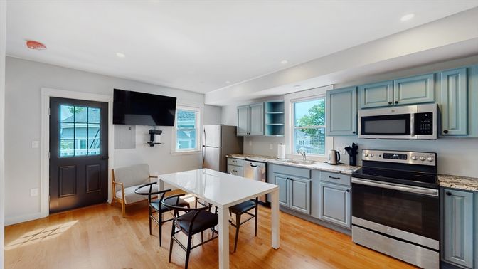 Dining room, Interior, Kitchen, Recessed Lighting, Stainless Steel Appliances, Wood Texture Flooring