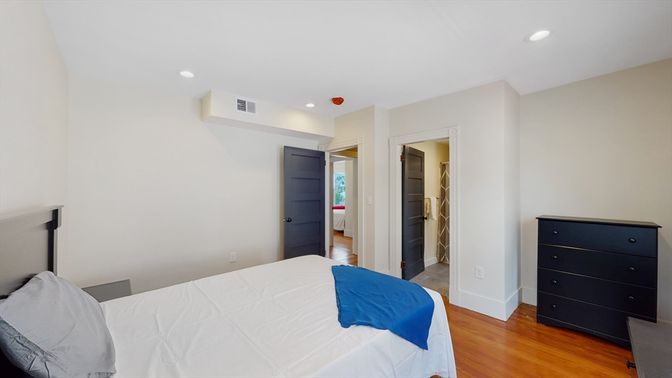 Bedroom, Interior, Recessed Lighting, Wood Texture Flooring