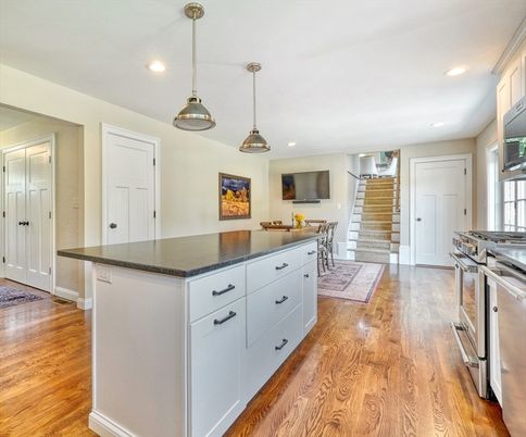 Interior, Kitchen, Pendant Lights, Recessed Lighting, Stainless Steel Appliances, Wood Texture Flooring