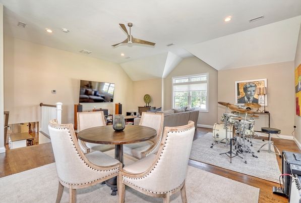 Dining room, Interior, Living room, Recessed Lighting, Wood Texture Flooring