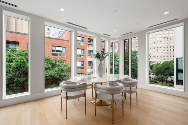 Dining room, Interior, Recessed Lighting, Wood Texture Flooring