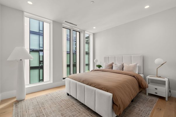 Bedroom, Interior, Recessed Lighting, Wood Texture Flooring