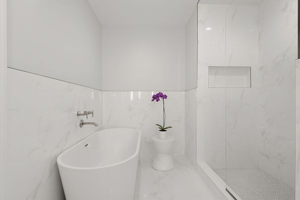 Bathroom, Free Standing Baths, Glass Shower, Interior, Marble, Marble Walls