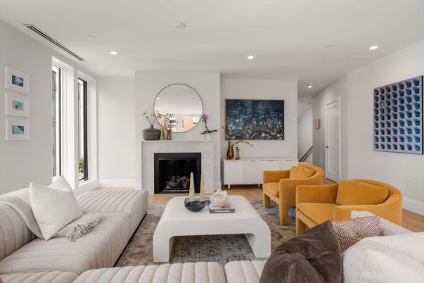 Fireplace, Interior, Living room, Recessed Lighting, Wood Texture Flooring