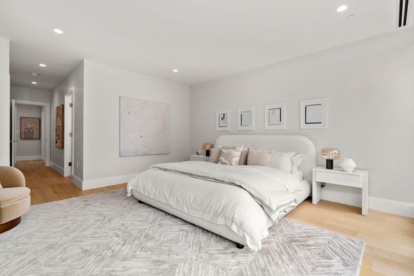 Bedroom, Interior, Recessed Lighting, Wood Texture Flooring