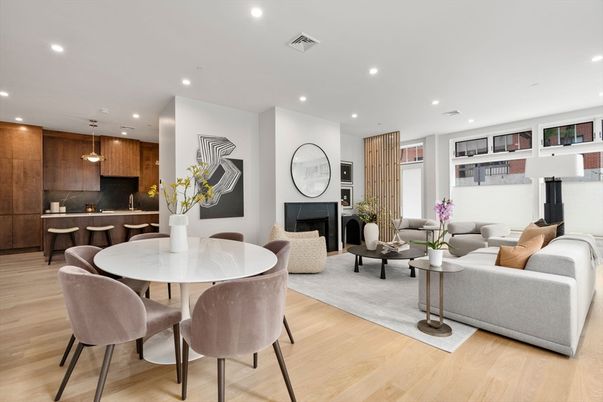 Dining room, Fireplace, Interior, Kitchen, Living room, Pendant Lights, Recessed Lighting, Wood Texture Flooring