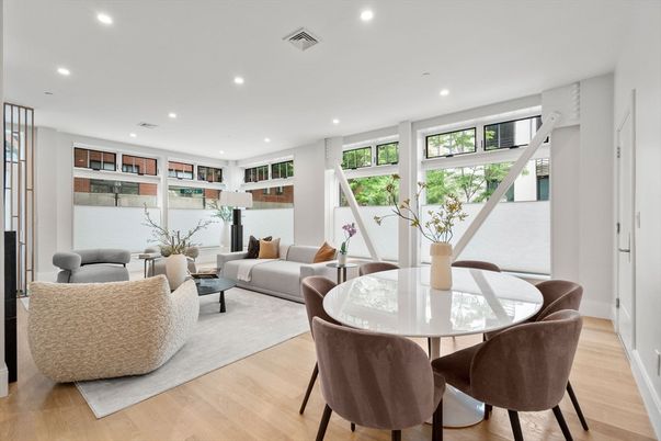 Dining room, Interior, Living room, Recessed Lighting, Wood Texture Flooring