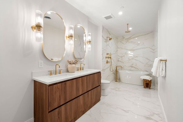 Bathroom, Dual Sink Vanities, Interior, Marble, Marble Walls, Recessed Lighting