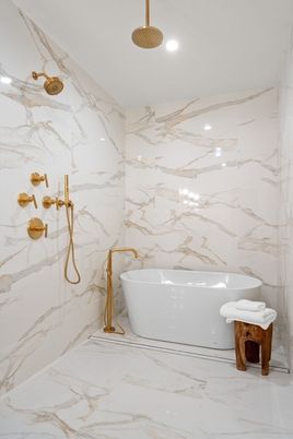 Bathroom, Free Standing Baths, Interior, Marble, Marble Walls, Recessed Lighting