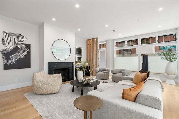 Fireplace, Interior, Living room, Recessed Lighting, Wood Texture Flooring