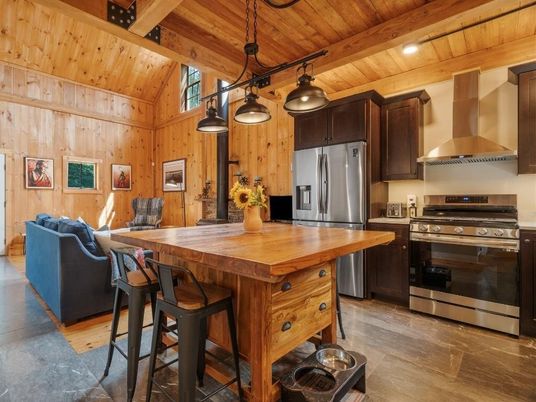 Interior, Kitchen, Pendant Lights, Recessed Lighting, Stainless Steel Appliances, Wooden Beams, Wooden Ceilings, Wood Texture Flooring, Wooden Walls