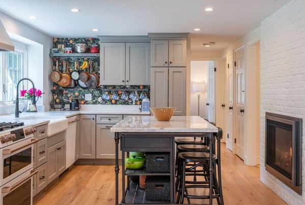 Interior, Kitchen, Recessed Lighting, Stainless Steel Appliances, Stone Walls, Wood Texture Flooring