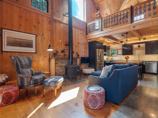 Fireplace, Interior, Kitchen, Living room, Pendant Lights, Stainless Steel Appliances, Wooden Beams, Wooden Ceilings, Wood Texture Flooring, Wooden Walls