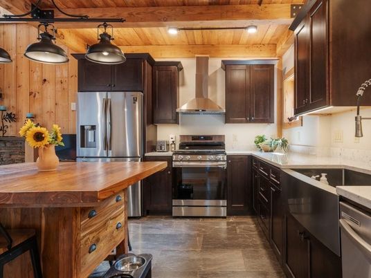 Interior, Kitchen, Recessed Lighting, Stainless Steel Appliances, Wooden Beams, Wooden Ceilings, Wooden Walls
