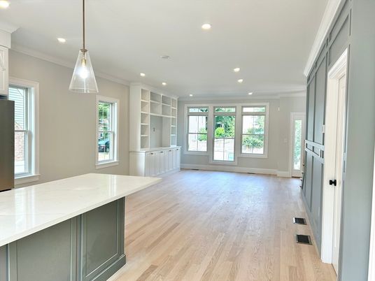 Empty room, Interior, Pendant Lights, Recessed Lighting, Wood Texture Flooring