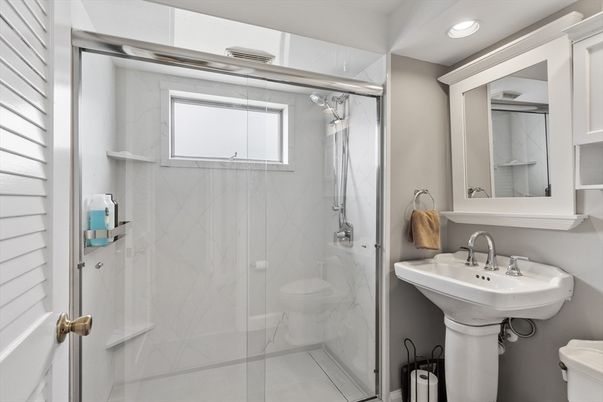 Bathroom, Glass Shower, Interior, Marble Walls, Recessed Lighting