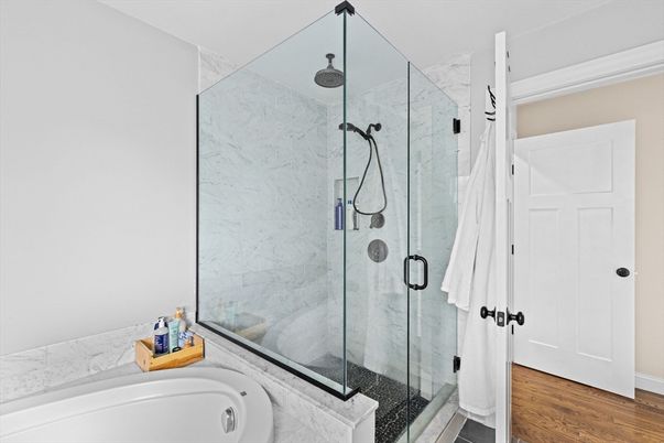Bathroom, Glass Shower, Interior, Marble Walls, Wood Texture Flooring