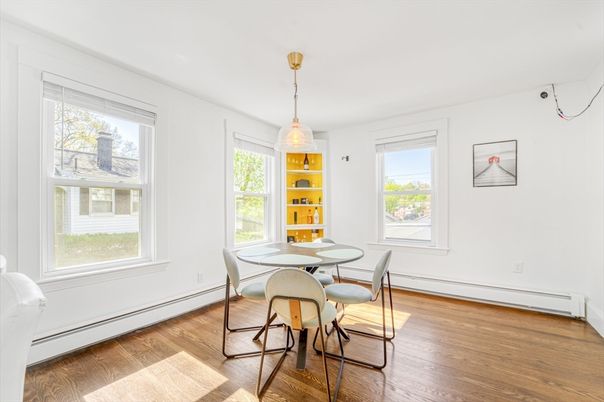 Dining room, Interior, Pendant Lights, Wood Texture Flooring