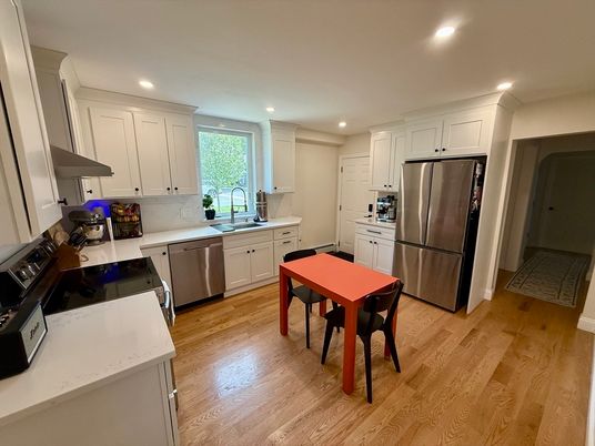 Dining room, Interior, Kitchen, Recessed Lighting, Stainless Steel Appliances, Wood Texture Flooring
