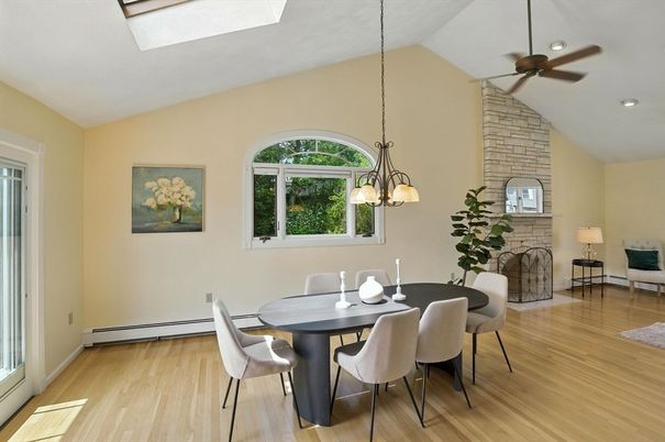 Dining room, Fireplace, Interior, Pendant Lights, Recessed Lighting, Stone Walls, Wood Texture Flooring