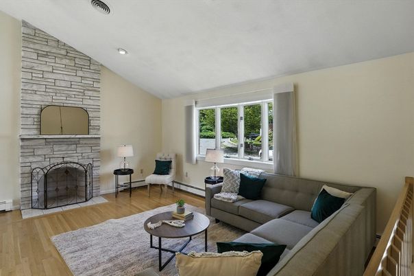 Fireplace, Interior, Living room, Recessed Lighting, Stone Walls, Wood Texture Flooring
