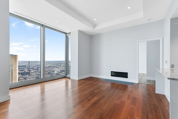 Empty room, Fireplace, Interior, Recessed Lighting, Wood Texture Flooring