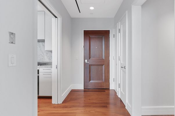Interior, Marble Walls, Recessed Lighting, Wood Texture Flooring