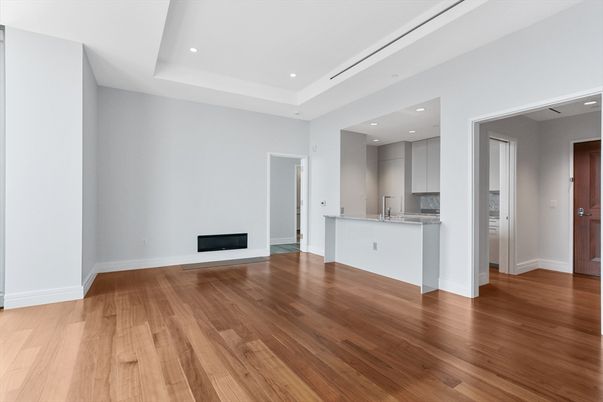 Empty room, Interior, Kitchen, Recessed Lighting, Wood Texture Flooring