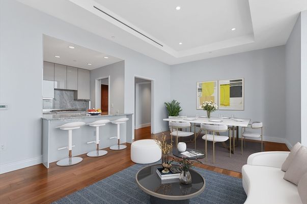 Dining room, Interior, Kitchen, Living room, Recessed Lighting, Stainless Steel Appliances, Wood Texture Flooring