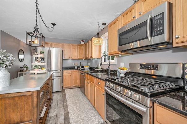 Interior, Kitchen, Pendant Lights, Stainless Steel Appliances, Wood Texture Flooring