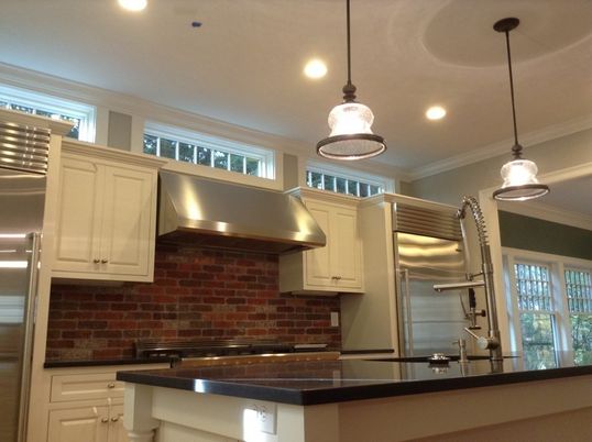 Interior, Kitchen, Pendant Lights, Recessed Lighting, Stainless Steel Appliances, Stone Walls
