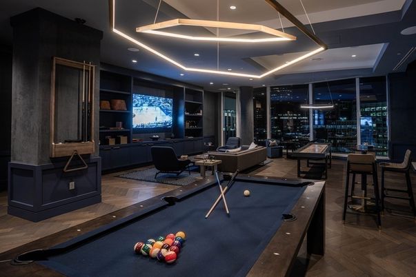 Billiard Table, Game Room, Interior, Living room, Recessed Lighting, Wood Texture Flooring